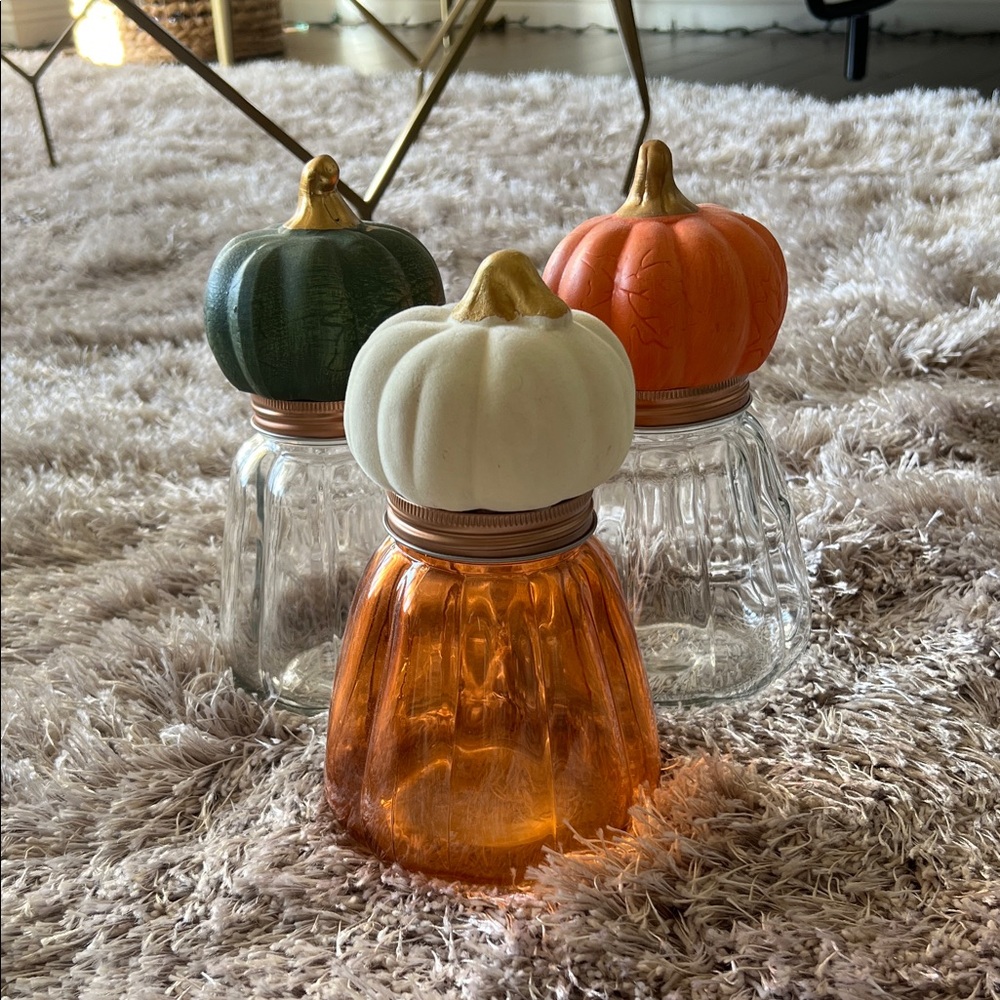 Pumpkin Glass Jars Set - Green, White, and Orange